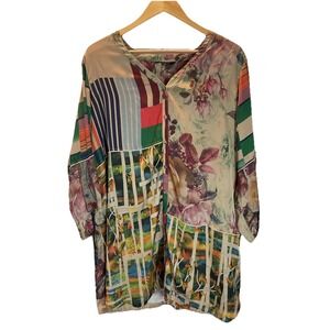 John Mark Multi Print Silky Colorful Shirt Tunic Size XL Art to wear